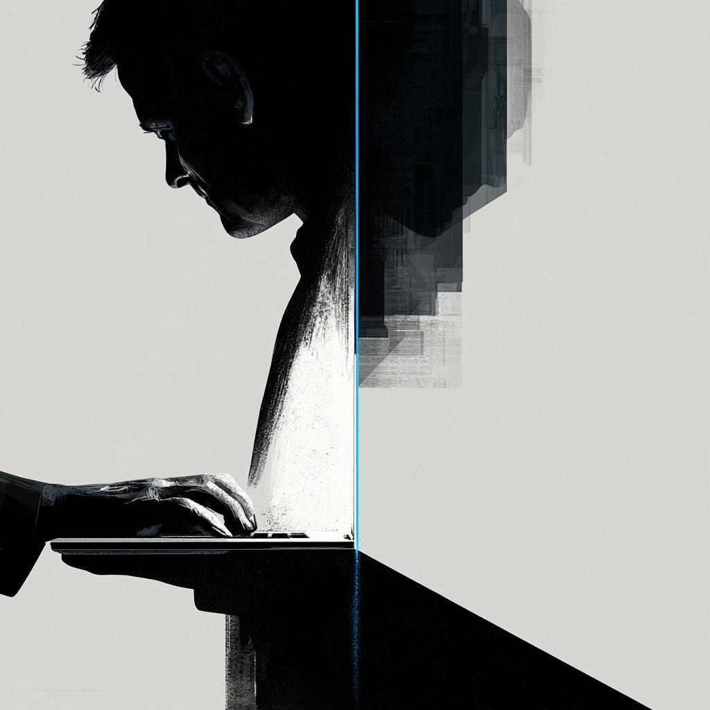 A profile split by a seam — human on one side, digital on the other, hand at the keyboard