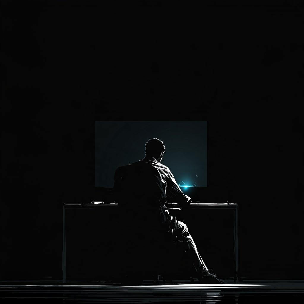 A person working intently at a glowing screen in the dark